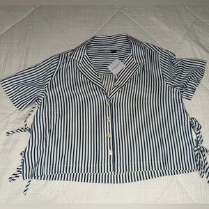 American Eagle Outfitters Blue and White Striped Cropped Shirt with Ties